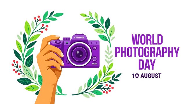 World Photography Day greeting card with hand holding a purple camera and floral wreath