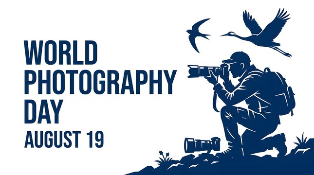 World Photography Day design with a silhouette of a wildlife photographer in nature.