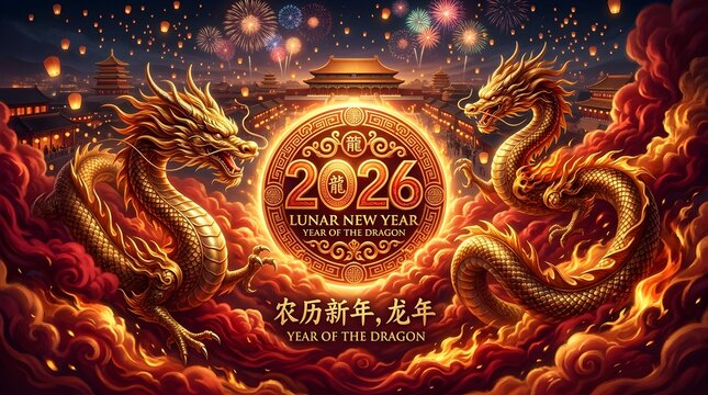 Majestic golden dragons flank a radiant circular emblem celebrating the vibrant lunar new year of twenty twenty six amidst swirling crimson clouds and bright festive fireworks
