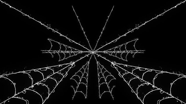 Elegant white spider web rapidly expanding and contracting with elastic silk threads, cartoon white spider web spins, spooky animated cobweb design overlay on black background,4k loop animation