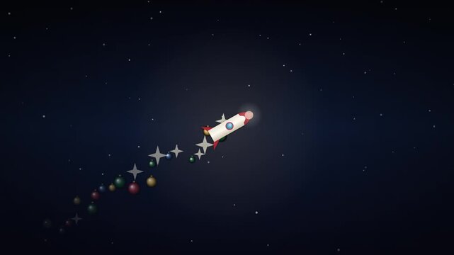 Animated cartoon rocket ship flying through a dark night sky with star