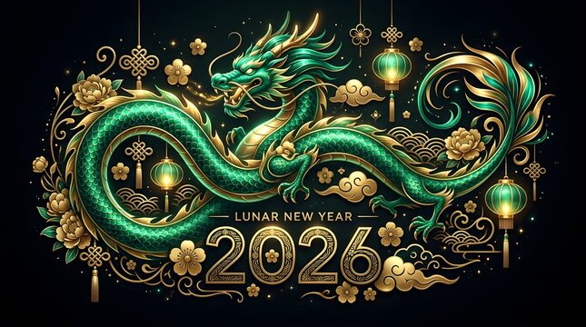Majestic emerald green dragon curves gracefully through ornate gold floral patterns and glowing lanterns to celebrate the prosperous upcoming lunar new year of twenty twenty six