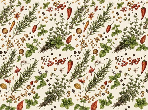 Detailed botanical pattern featuring rosemary sprigs and red chili peppers on cream background creates an organic garden aesthetic.