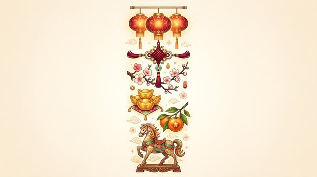 Festive chinese new year vertical composition featuring glowing red lanterns blooming plum blossoms golden sycee ingots auspicious oranges and a decorated ornate horse sculpture illustration