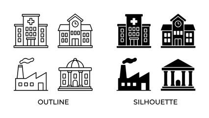Fototapeta premium Building Icons: A collection of flat icons representing various buildings, including a hospital, school, factory, and courthouse, presented in both outline and silhouette styles.