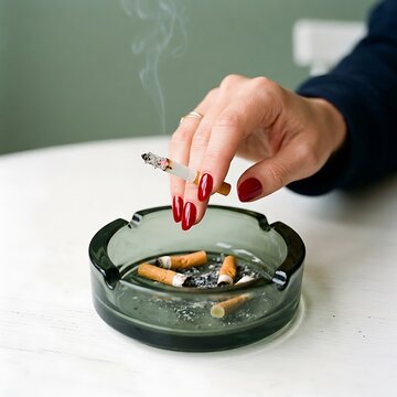 A woman with red manicured nails holding a lit cigarette over a glass ashtray with cigarette butts