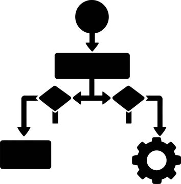 Process Workflow Diagram With Decision Nodes, Directional Arrows, And Gear Symbol For Business Process Management