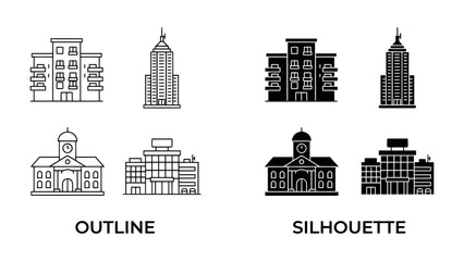 Fototapeta premium Building Icons: A collection of simplified line art and solid silhouette icons representing various types of buildings, including offices and classical architecture.