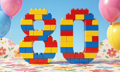Fototapeta premium Colorful Lego blocks form 80 on a birthday table with balloons.