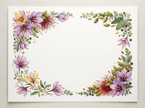 Elegant saffron and crocus flowers frame with buds and stamens for a luxurious botanical background.