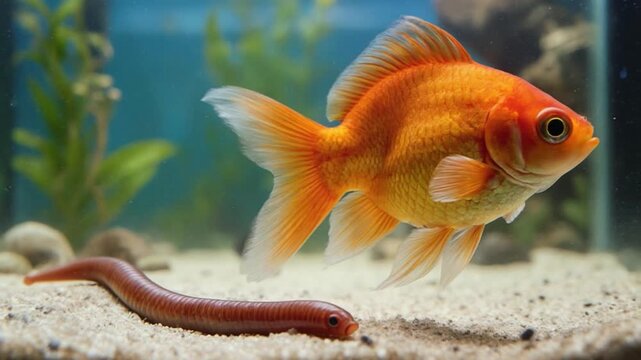 Goldfish swimming in aquarium with earthworm during gentle daytime lighting with cinematic motion for commercial use