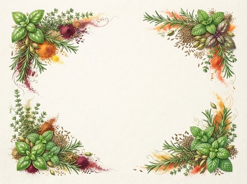 Culinary herbs with colorful spice powders frame light textured background for organic food recipe design and cooking blog banner.