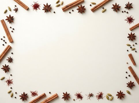 Spice border with cinnamon sticks star anise cardamom and saffron for festive and holiday culinary themes.