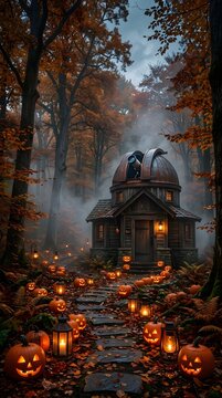 Mystical observatory house hidden in a foggy autumn forest with glowing jack o lanterns and stone pathway