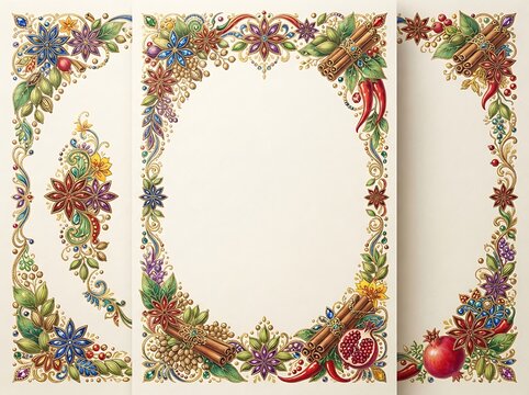 Ornate spice and jewel border with star anise cinnamon and red chili peppers on parchment paper for culinary menu design projects.