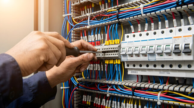 Professional Electrician Servicing Industrial Control Panel | Electrical Engineer Wiring Circuit Breakers in Switchboard | Close-Up of Electrician Maintenance on Control Cabinet Wires 