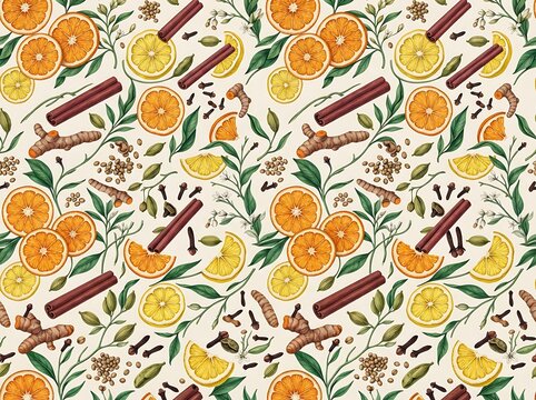 Vibrant citrus slices and cinnamon sticks with turmeric roots on light background offer refreshing culinary pattern for textiles.