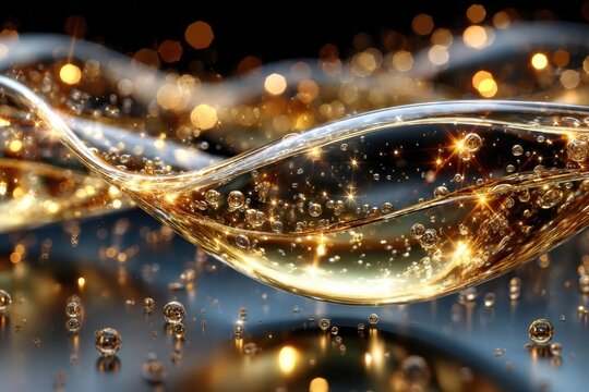 Golden Liquid Flowing with Bubbles and Bokeh Lights