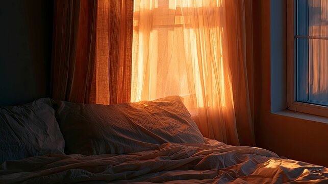 Cozy Bedroom Scene with Sunlight Filtering Through Sheer Curtains