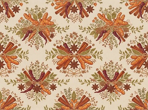 Vintage spice pattern design with cinnamon sticks turmeric and star anise arranged in symmetrical botanical floral motifs for textile.