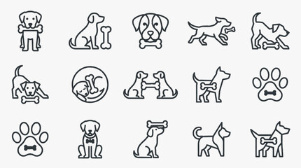 Fototapeta premium Set of 15 minimalist black outline dog icons featuring various breeds, poses, paw prints, and bones. Includes sitting, running, and playing canine illustrations for pet-related design.