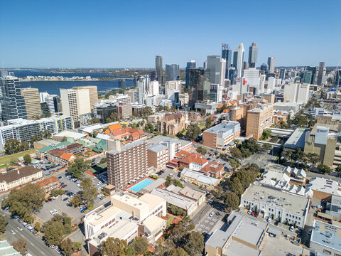 Stunning aerial perspective of Perth Australia with bright sunshine