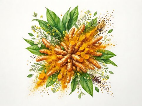 Bright turmeric roots with vibrant green leaves and yellow powder create a dynamic artistic explosion for food and health concepts.