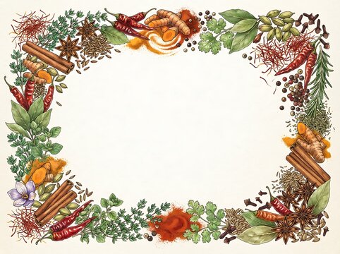 Illustrated spice and herb rectangular frame with turmeric chili and rosemary elements for professional culinary template design.