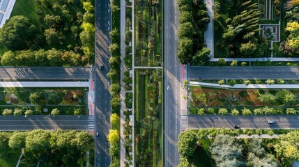 Fototapeta premium Aerial view of a modern urban highway surrounded by lush greenery and landscaped pathways