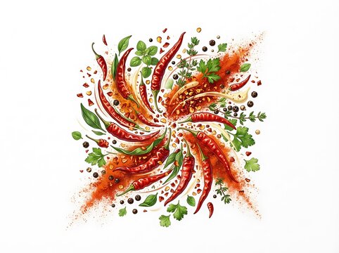 A vibrant explosion of red chili peppers and green herbs creates a dynamic circular spice design on a white background.