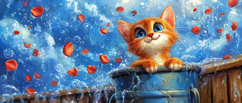 A cheerful orange kitten peeks from a blue bucket, surrounded by splashing water, floating bubbles, and scattered red petals, creating a whimsical, vibrant scene