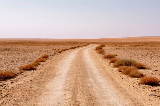 Dusty dirt road winding through arid desert landscape under clear sky