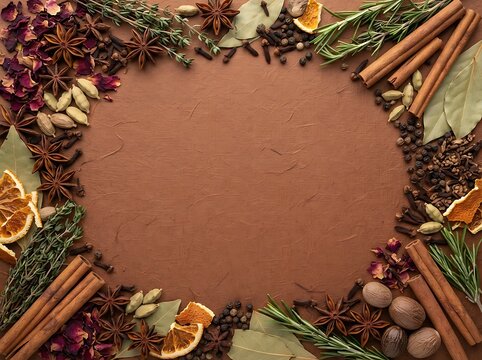 Rustic spice and herb autumn frame on brown background for culinary blogs or warm seasonal recipes design.