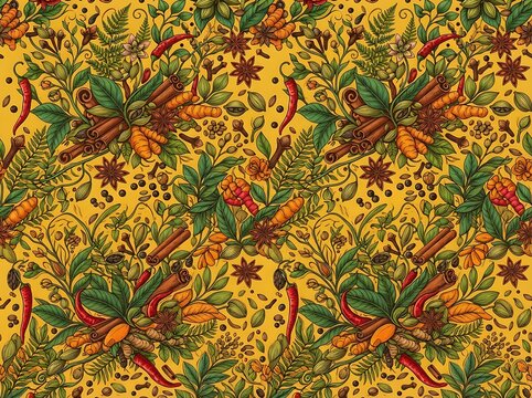 A lively pattern of fresh spices and herbs like turmeric, chili peppers, and cinnamon on a bright yellow background, ideal for culinary and vibrant designs.