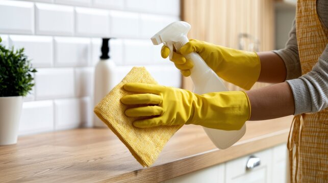 Person Cleaning Kitchen Countertop with Spray Bottle and Cloth in Yellow Gloves