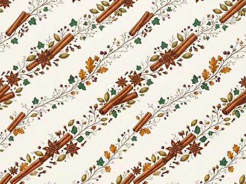 Autumn spice botanical pattern with cinnamon sticks anise stars and oak leaves for seasonal fabric or cozy home decor textiles.