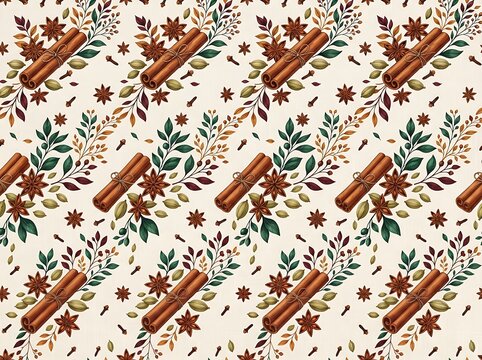 Seamless pattern with cinnamon sticks, star anise, cardamom, and clove arranged with green and maroon foliage.