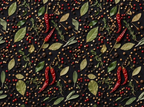 Dark background with chili peppers bay leaves and peppercorns for culinary and decorative use.