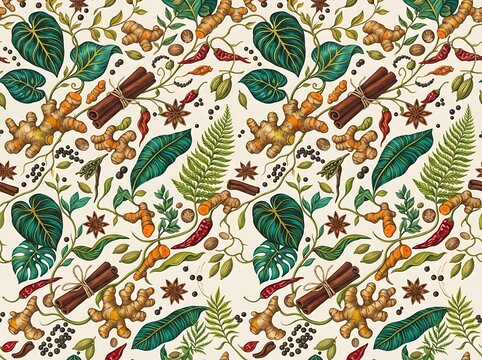Seamless pattern with ginger roots turmeric monstera leaves and whole spices for creative packaging or kitchen interior design.