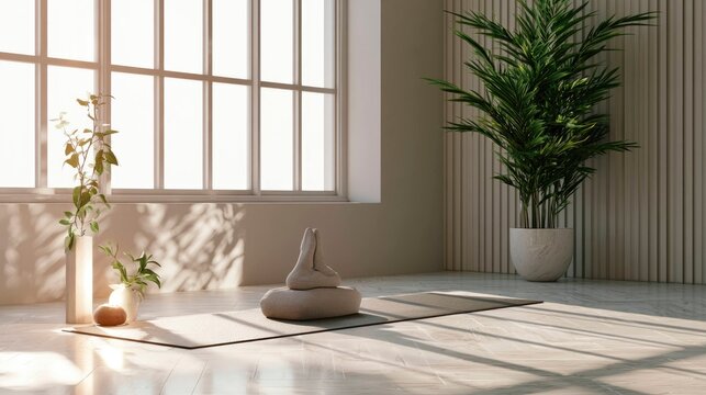 Bright Sunlit Yoga Space with Indoor Plant and Minimalist Decor