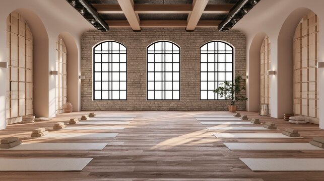Spacious urban yoga studio with high windows, polished wooden floor and natural light