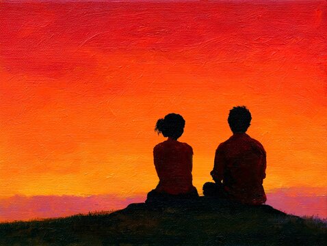 Silhouetted Couple Sitting on Hilltop at Sunset with Vibrant Sky