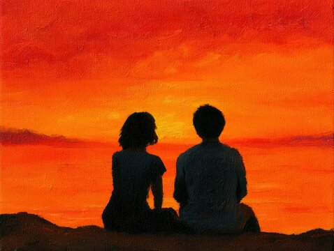 Silhouettes of a Couple Sitting by Water During Sunset with Vibrant Sky