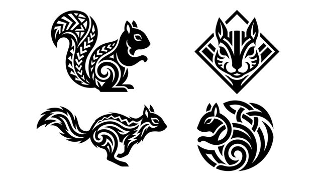  Tribal Squirrel and Chipmunk Silhouette Logo Vector Collection featuring Maori Polynesian Style Patterns, Celtic Knots, and Geometric Designs for Edgy Branding