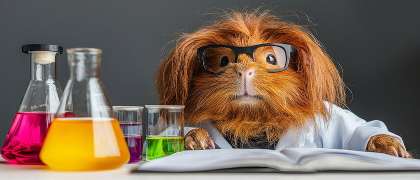 A disheveled, bespectacled guinea pig scientist in a lab coat studies colorful chemicals and a book with a surprised expression