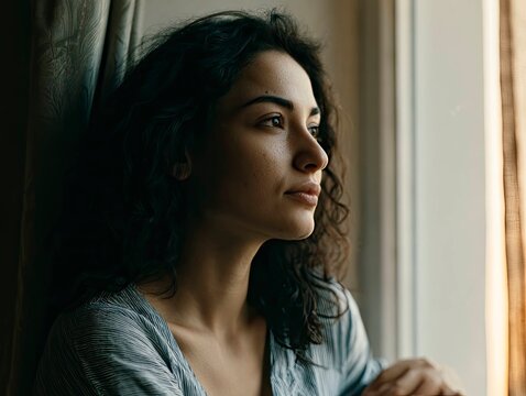 Thoughtful Woman Gazing Out Window with Natural Light in Cozy Room