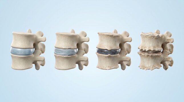 Four-stage intervertebral disc degeneration from healthy disc to severe collapse and osteophyte formation shown in premium clinical CGI on a clean pale blue medical background.