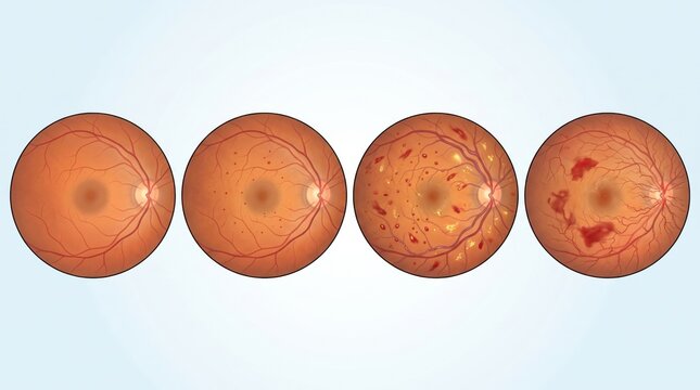 Four-stage diabetic retinopathy progression from healthy retina to advanced vascular damage shown in premium clinical CGI on a clean pale blue medical background with copy space.