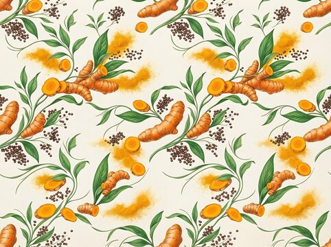Seamless pattern of fresh turmeric roots and peppercorns with green leaves, organic spice illustration for kitchen textiles and wallpaper.
