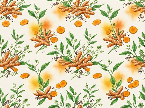 Turmeric root and black peppercorn pattern featuring vibrant golden orange hues ideal for organic culinary product packaging.